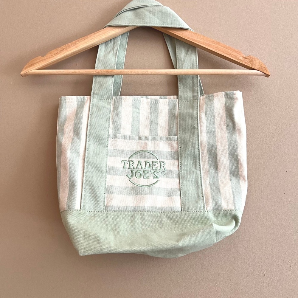 Trader Joe's Striped Mini Canvas Tote Bag Sage Green Cream Limited Edition NEW - Picture 2 of 5